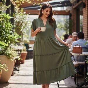 Lucky Brand Olive Green Jersey Knit Boho Maxi Tiered Flutter Sleeve Dress